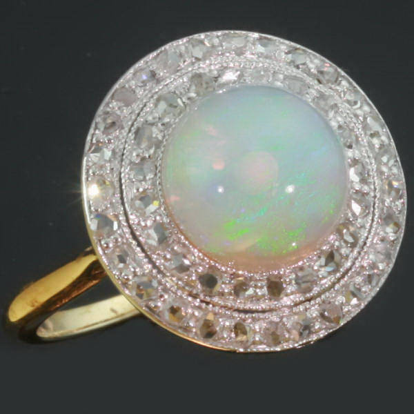 Late Victorian engagement ring with rose cut diamonds and button polished opal (image 2 of 10)